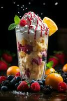 milkshake in a clear glass of fruit in the background with milk splashes and drops photo