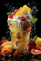milkshake in a clear glass of fruit in the background with milk splashes and drops photo