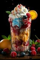 milkshake in a clear glass of fruit in the background with milk splashes and drops photo