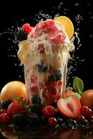 milkshake in a clear glass of fruit in the background with milk splashes and drops photo
