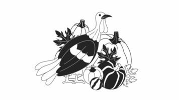 Autumn turkey pumpkins bw cartoon animation. Farm turkey. Thanksgiving. Harvest festival 4K video motion graphic. Domestic bird 2D monochrome line animated character isolated on white background