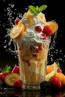 milkshake in a clear glass of fruit in the background with milk splashes and drops photo