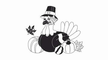 Thanksgiving pilgrim turkey in pumpkins fall bw 2D character animation. Harvest outline cartoon 4K video, alpha channel. Wearing hat capotain poultry fowl animated animal isolated on white background video