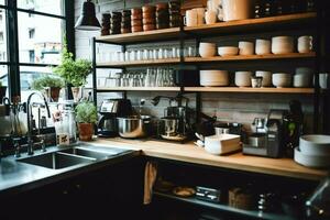 dentro limpiar cocina de un moderno restaurante o mini café con Cocinando utensilios y pequeño bar mostrador concepto por ai generado foto