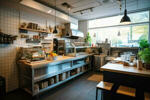 Inside clean kitchen of a modern restaurant or mini cafe with cooking utensils and small bar counter concept by AI Generated photo