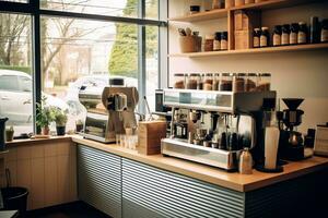 dentro limpiar cocina de un moderno restaurante o mini café con Cocinando utensilios y pequeño bar mostrador concepto por ai generado foto