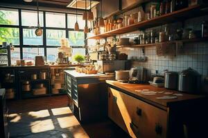 dentro limpiar cocina de un moderno restaurante o mini café con Cocinando utensilios y pequeño bar mostrador concepto por ai generado foto