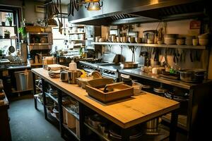 Inside clean kitchen of a modern restaurant or mini cafe with cooking utensils and small bar counter concept by AI Generated photo