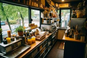 Inside clean kitchen of a modern restaurant or mini cafe with cooking utensils and small bar counter concept by AI Generated photo