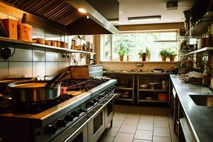 Inside clean kitchen of a modern restaurant or mini cafe with cooking utensils and small bar counter concept by AI Generated photo