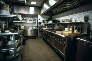 Inside clean kitchen of a modern restaurant or mini cafe with cooking utensils and small bar counter concept by AI Generated photo