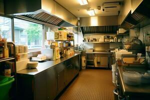 Inside clean kitchen of a modern restaurant or mini cafe with cooking utensils and small bar counter concept by AI Generated photo