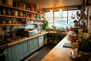 Inside clean kitchen of a modern restaurant or mini cafe with cooking utensils and small bar counter concept by AI Generated photo