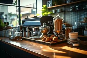 dentro limpiar cocina de un moderno restaurante o mini café con Cocinando utensilios y pequeño bar mostrador concepto por ai generado foto