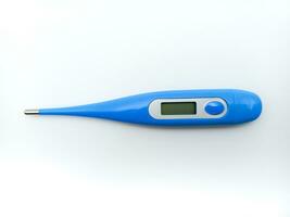 Blue Digital Thermometer Isolated On White Background. View From Above photo