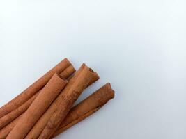 Cinnamon Sticks Isolated On White Background. Lower Corner Position With Negative Space photo