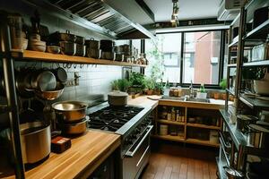 dentro limpiar cocina de un moderno restaurante o mini café con Cocinando utensilios y pequeño bar mostrador concepto por ai generado foto