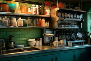 Inside clean kitchen of a modern restaurant or mini cafe with cooking utensils and small bar counter concept by AI Generated photo