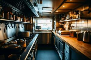 Inside clean kitchen of a modern restaurant or mini cafe with cooking utensils and small bar counter concept by AI Generated photo