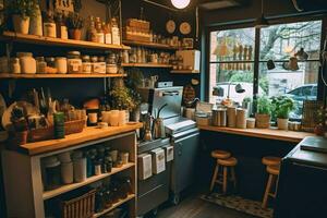 Inside clean kitchen of a modern restaurant or mini cafe with cooking utensils and small bar counter concept by AI Generated photo