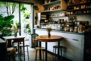 Inside clean kitchen of a modern restaurant or mini cafe with cooking utensils and small bar counter concept by AI Generated photo