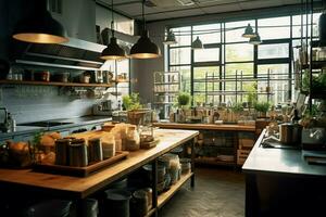 Inside clean kitchen of a modern restaurant or mini cafe with cooking utensils and small bar counter concept by AI Generated photo