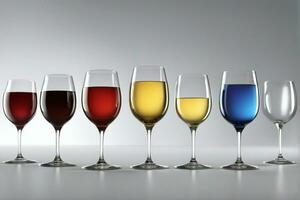 Colorful wine in wine glasses and an empty glass, AI generative photo