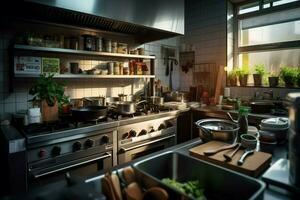 Inside clean kitchen of a modern restaurant or mini cafe with cooking utensils and small bar counter concept by AI Generated photo