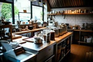 Inside clean kitchen of a modern restaurant or mini cafe with cooking utensils and small bar counter concept by AI Generated photo