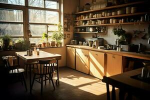 Inside clean kitchen of a modern restaurant or mini cafe with cooking utensils and small bar counter concept by AI Generated photo