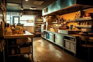 Inside clean kitchen of a modern restaurant or mini cafe with cooking utensils and small bar counter concept by AI Generated photo