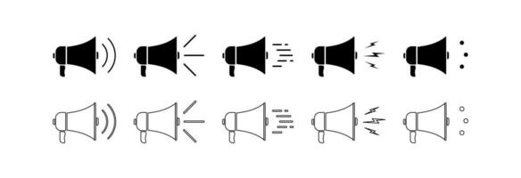 Loudspeaker megaphone, set of icons in different variations. vector