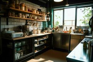 dentro limpiar cocina de un moderno restaurante o mini café con Cocinando utensilios y pequeño bar mostrador concepto por ai generado foto