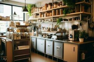 Inside clean kitchen of a modern restaurant or mini cafe with cooking utensils and small bar counter concept by AI Generated photo