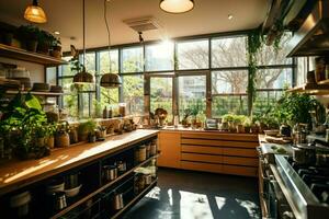 Inside clean kitchen of a modern restaurant or mini cafe with cooking utensils and small bar counter concept by AI Generated photo