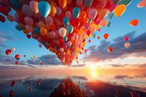 Colorful balloons in the desert at sunset. 3D Rendering balloon in air Generative AI photo