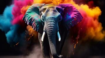 a image of Elephant in a colorful smoke on a color background. Close up. concept holi of India. Generative AI photo