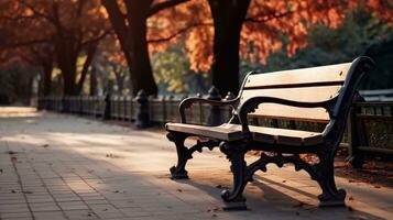 Bench in the park in autumn Selective focus on bench. garden on background Generative AI photo