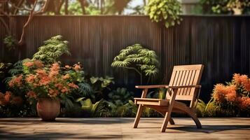 a picture of Chairs And Umbrella In The Garden. 3d Rendering very important person place Generative AI photo