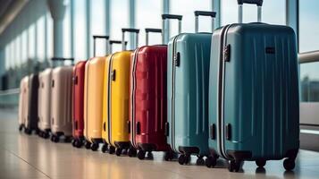 a photo of Row of colorful suitcases in airport terminal. Travel and vacation concept. Generative AI
