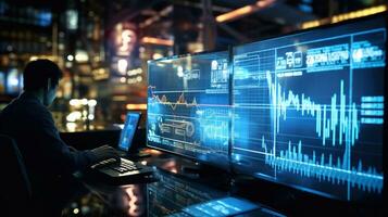 Businessman analyzing stock market data on computer screen. Double exposure. Analytical department cyber room on bokeh background Generative AI photo