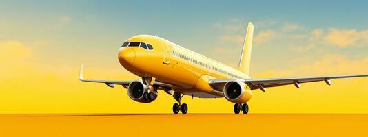 avión en el amarillo antecedentes de el cielo. 3d ilustración. Listo para mosca generativo ai foto