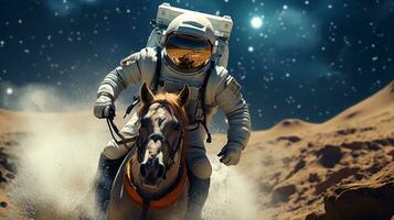 astronauta velocidad montando un caballo en el desierto. 3d representación un hombre montando caballo en Desierto con estrellas en el antecedentes generativo ai foto
