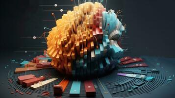 a photo of 3d illustration of human brain in abstract background with pie chart and bar charts Generative AI