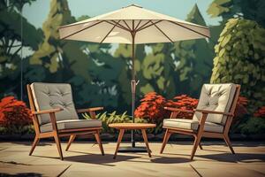 sillas y paraguas en el jardín. 3d representación muy importante persona sitio generativo ai foto