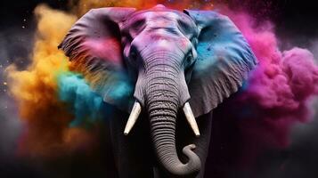 a photo of Elephant in a colorful smoke on a color background. Close up. concept holi of India. Generative AI