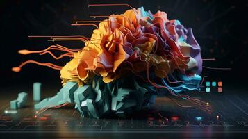 a picture of 3d illustration of human brain in abstract background with pie chart and bar charts Generative AI photo