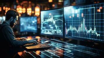 Businessman analyzing stock market data on computer screen. Double exposure. Analytical department room Generative AI photo