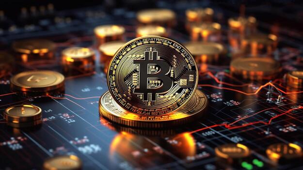 Bitcoin Cryptocurrency Physical bit coin. Digital currency. Golden coin with bitcoin symbol on digital circuit board. Cryptocurrency mining. Generative AI photo