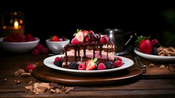 Indulgent gourmet chocolate cheesecake with fresh raspberry AI Generative photo